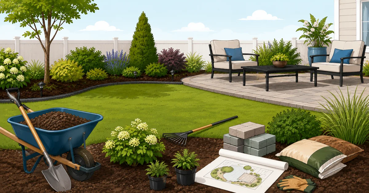 Backyard landscaping design showing lawn, planted beds, patio area, walkways, and landscape lighting in a cohesive plan