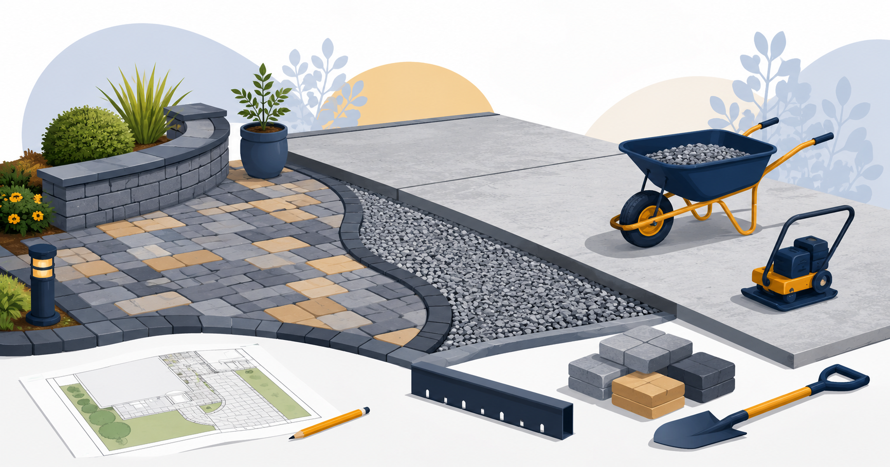 Patio pavers, driveway slab, gravel and hardscape planning tools