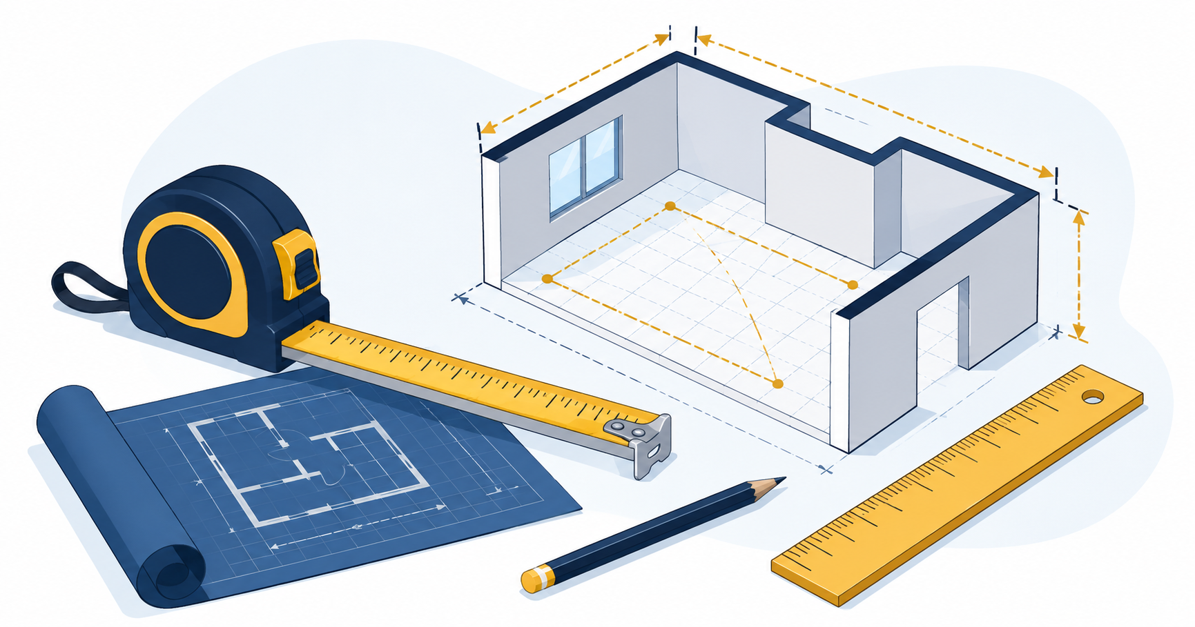 Measurement tools, blueprint and room layout for calculating square footage