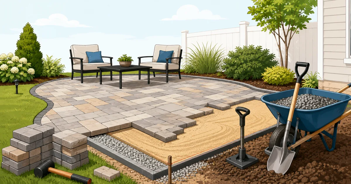 Paver patio installation showing base preparation, paver patterns, and finished surface