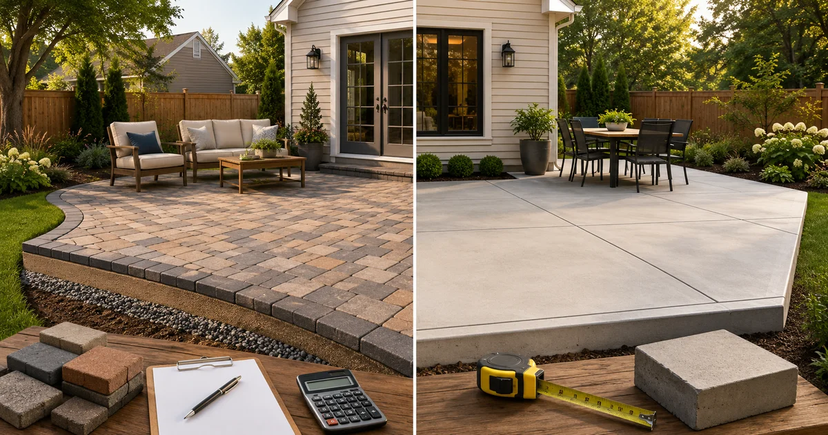 Backyard patio comparison showing paver patio and concrete patio options with estimating tools